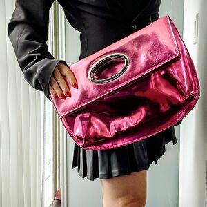 Genuine Leather Pink Metallic Clutch Bag
